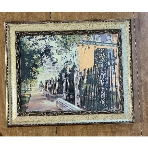 Rare Victorian Watercolor Sidewalk Scene Print Ornate Gilt Frame 14.5 X 17.5